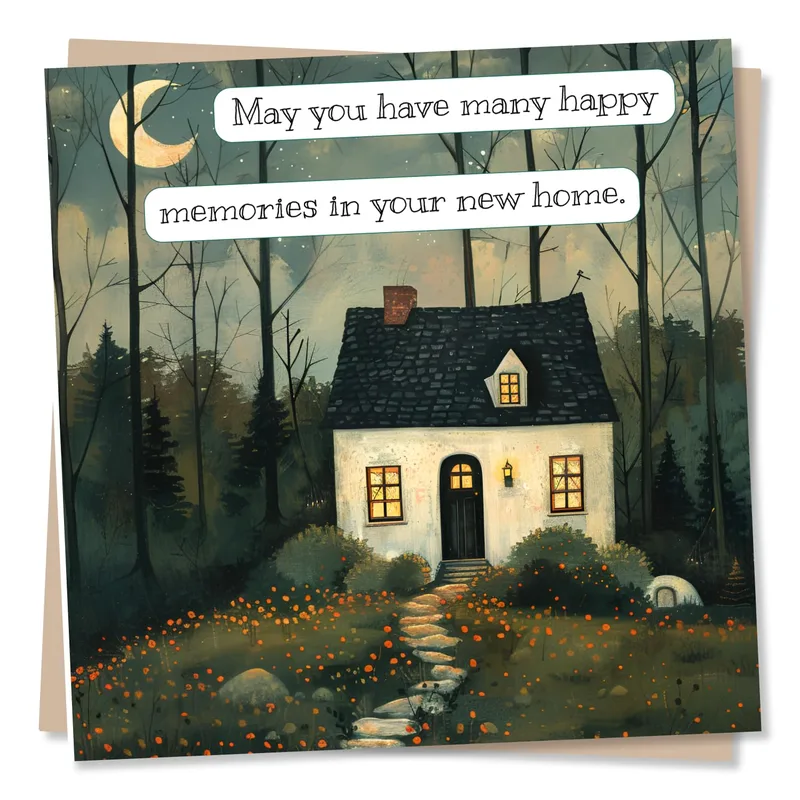 Forest Cottage Lit New Home Card for a Cozy Move-In