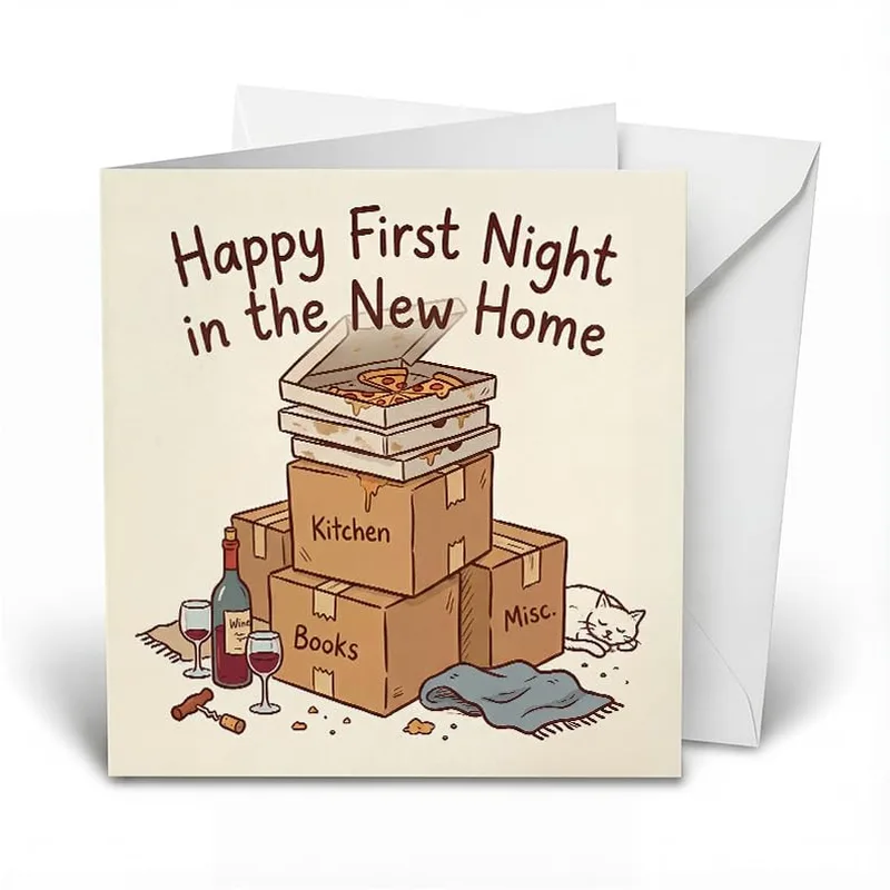 Boxes Pizza Wine New Home Card for First Night Celebrations