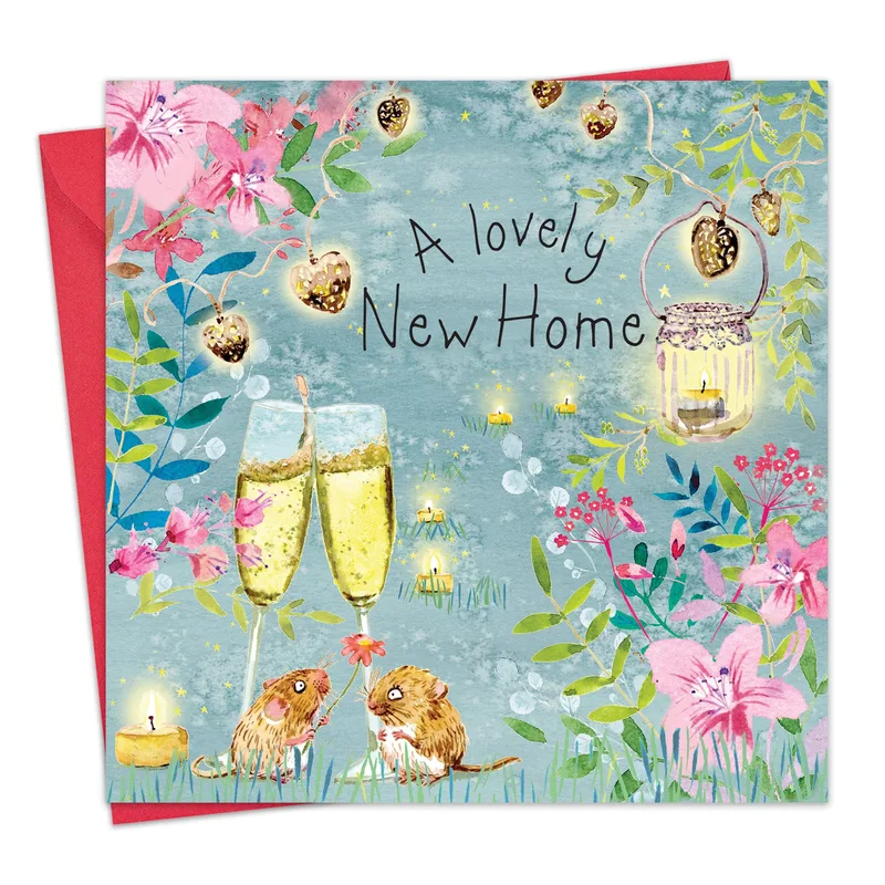 Floral Champagne Mice New Home Card – Greeting Card in natural