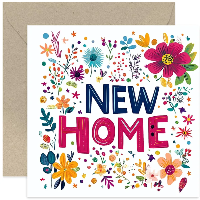 Floral Bold Lettering New Home Card features vibrant flowers