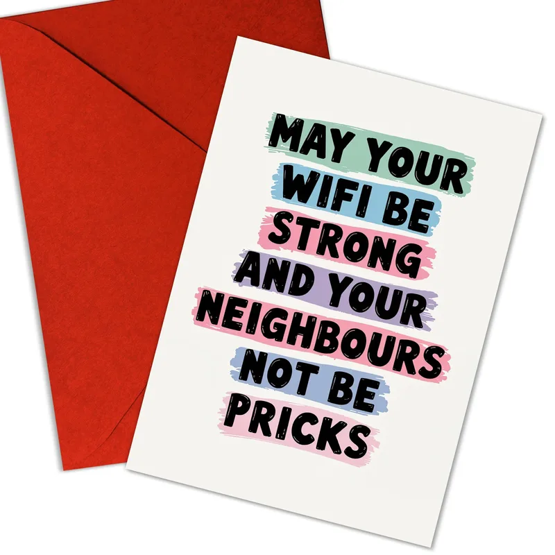 Colorful Blocks New Home Card: Strong WiFi and Nice Neighbors