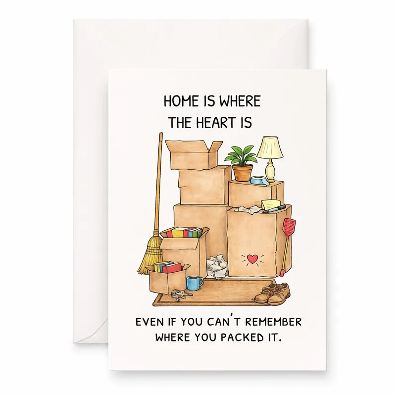 Boxes Lamp Broom New Home Card – Greeting Card in natural