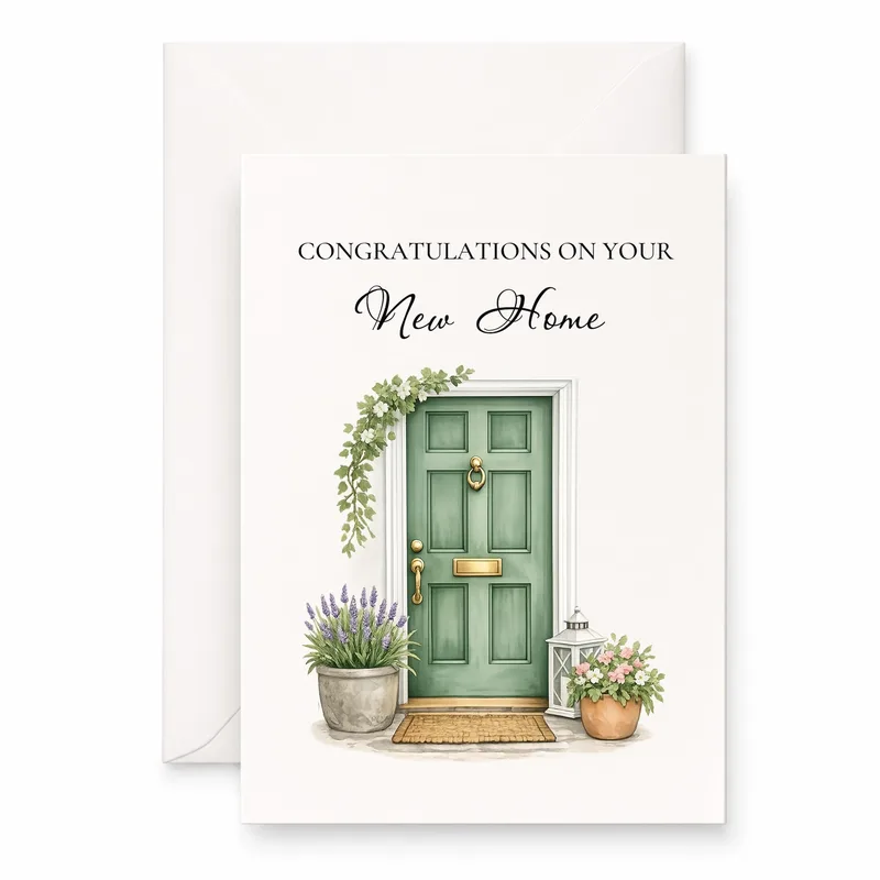 Door Lavender Plants New Home Card features a sage green