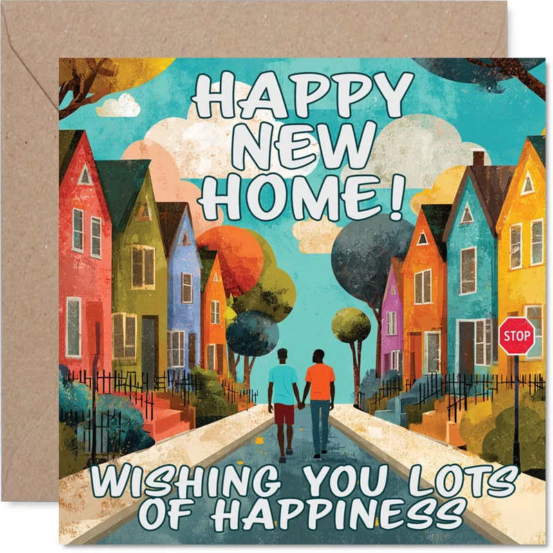 Houses Couple Walking New Home Card for Colorful Housewarming Joy