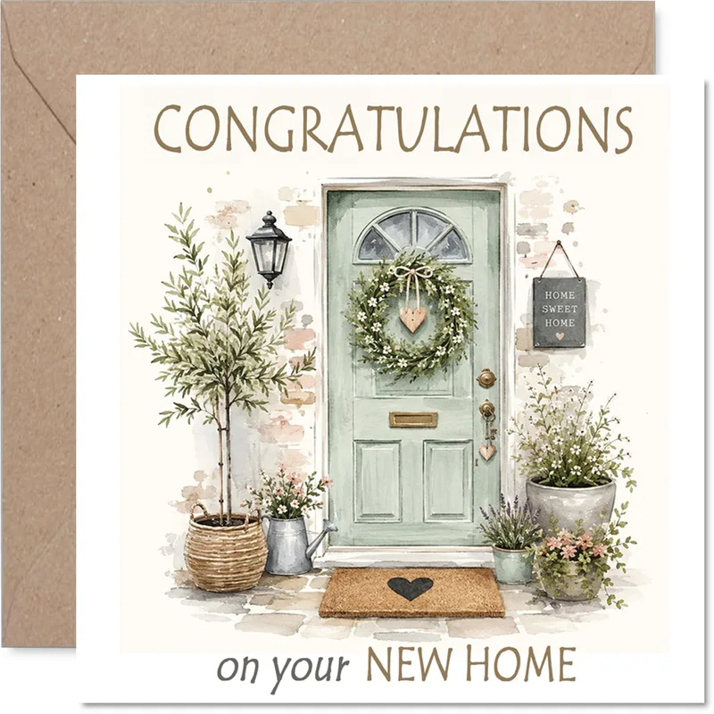 Door Wreath Plants New Home Card Celebrating a Fresh Start