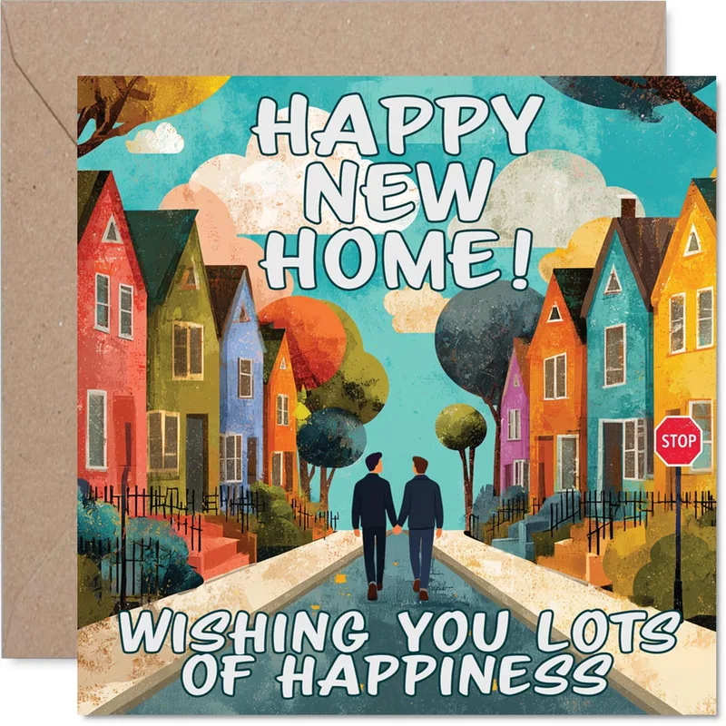 Houses Two Men New Home Card Celebrates Their Move with Colorful Art