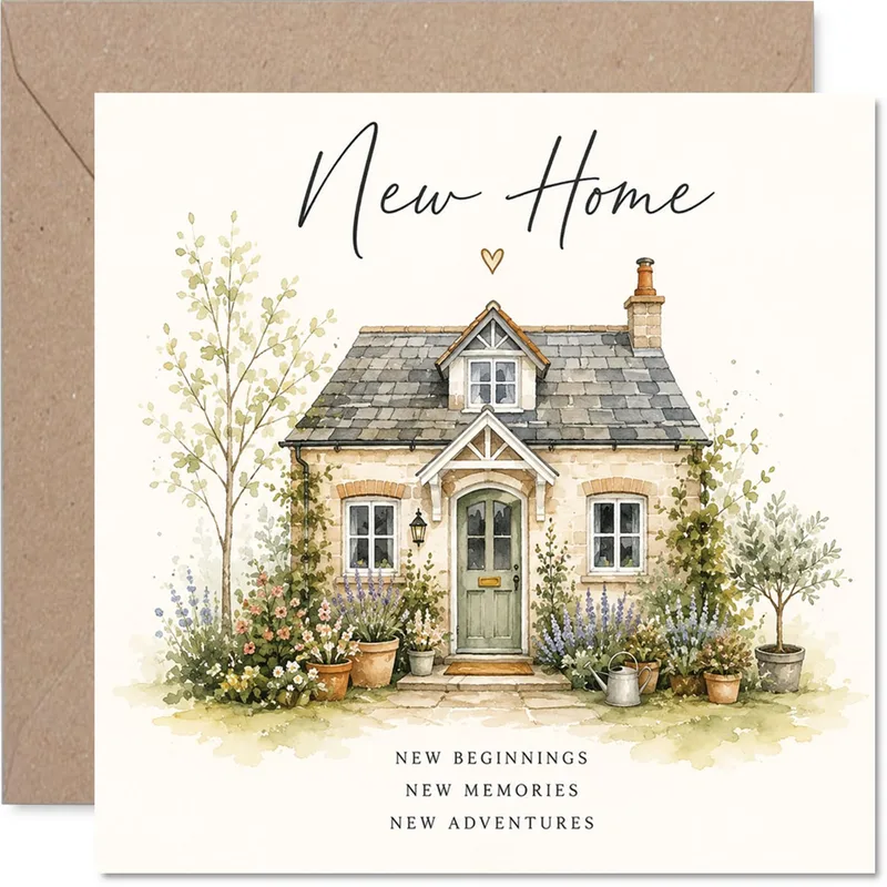 Stone Cottage New Home Card: Watercolor Housewarming Greeting