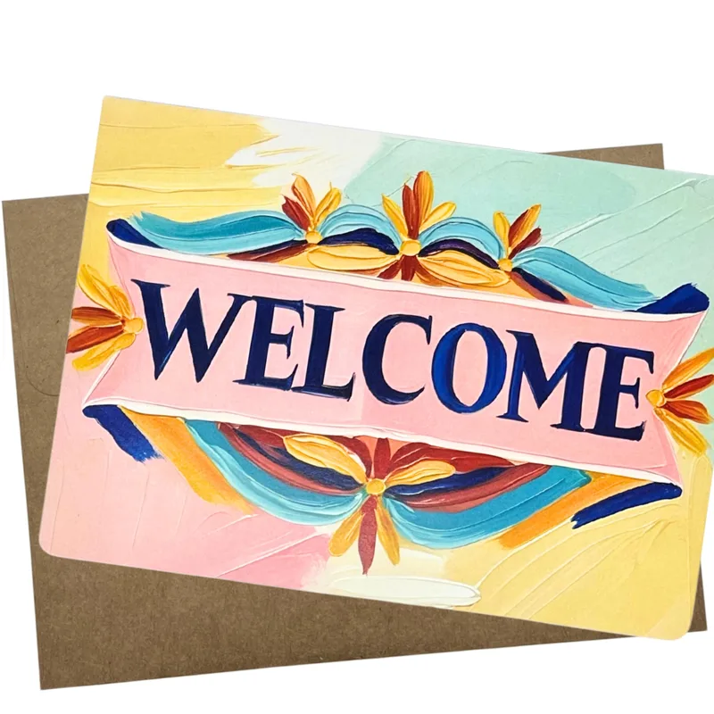 Painted Pink Banner Welcome Card: Artistic Greeting for New Beginnings