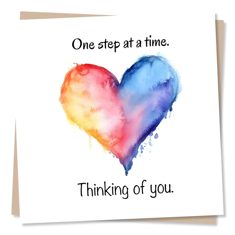 One Step Card – Watercolor rainbow heart with “One step at a time. Thinking of you.” – Greeting Card in black