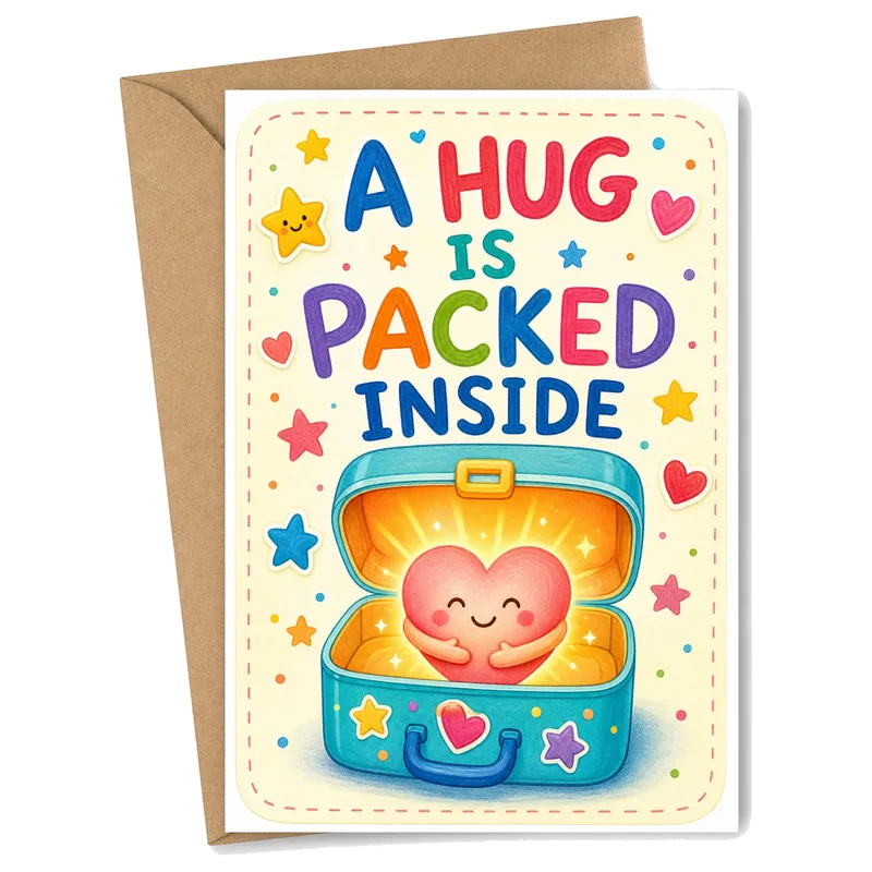 Hug in a Box Card – Cartoon heart in a suitcase reading A HUG IS PACKED INSIDE – Greeting Card in black