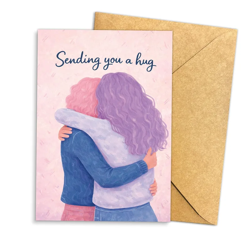 Sending You a Hug Card: Two Friends Embracing in Soft Pastels