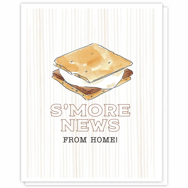 S'more News Card – Watercolor s'more sandwich with the words S'more News From Home – Greeting Card in black