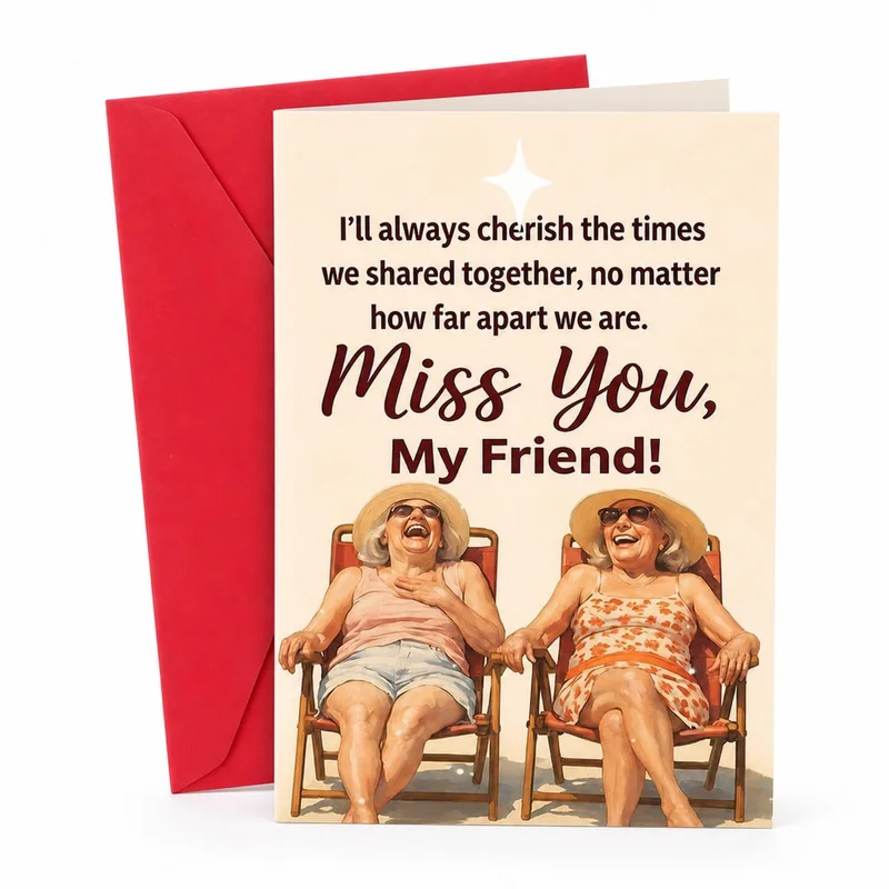 Miss You My Friend Card – Two laughing women in beach chairs with the words Miss You, My Friend – Greeting Card in black