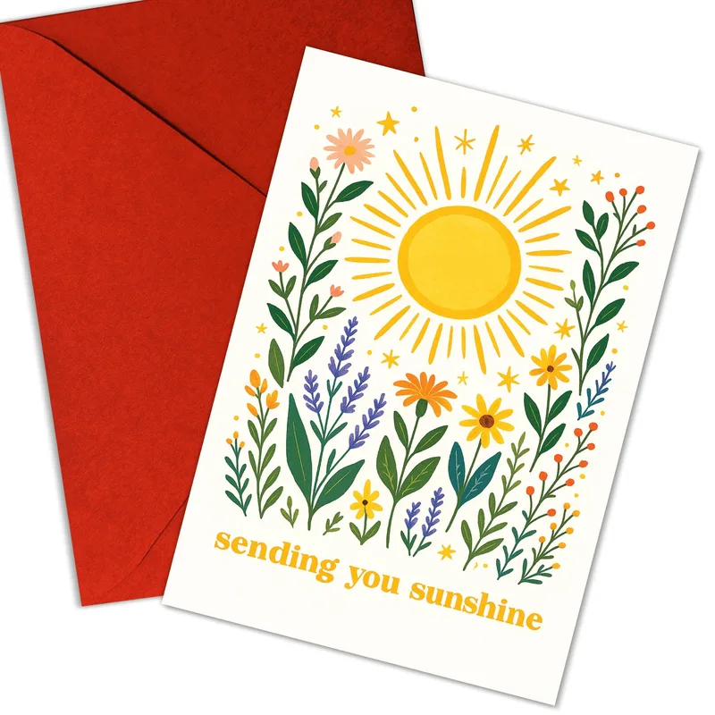 Sunny Floral Card: a sunburst and wildflowers with a warm wish