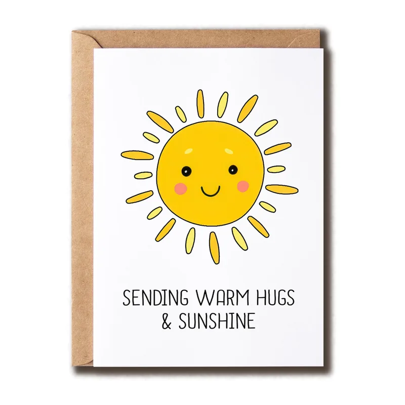 Cheer Up Card – Cartoon smiling sun above SENDING WARM HUGS & SUNSHINE – Greeting Card in black