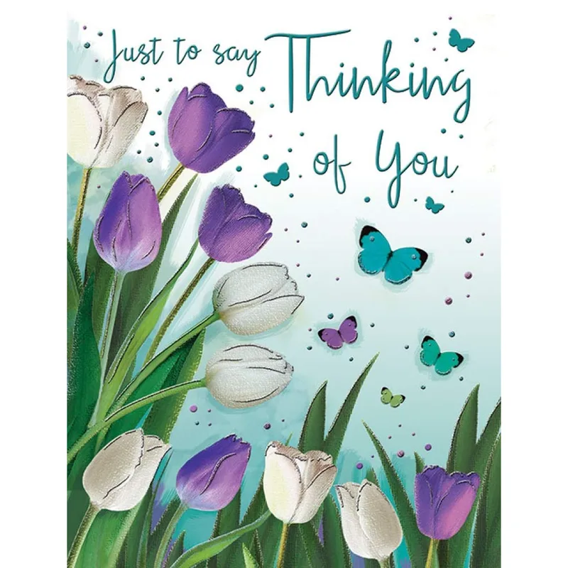 Purple Tulips Butterflies Thinking of You Card for a Friend