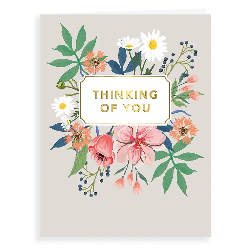 Floral Bouquet Grey Thinking of You Card with Gold Lettering