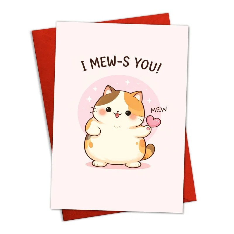 Cat Pink Background Miss You Card with Cute Calico Cat Design