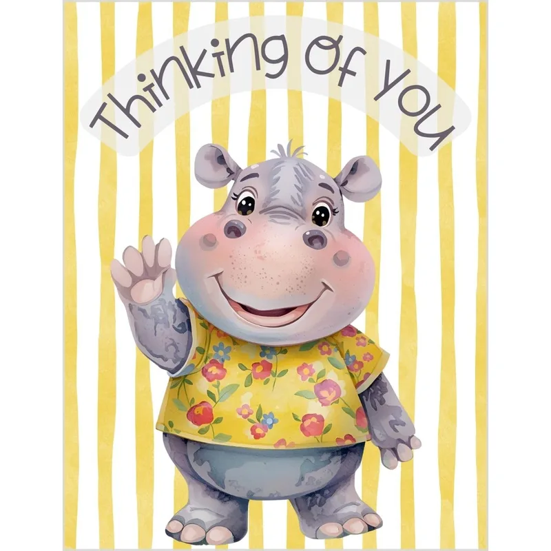 Hippo Floral Shirt Thinking of You Card: A Waving Hippo Greeting