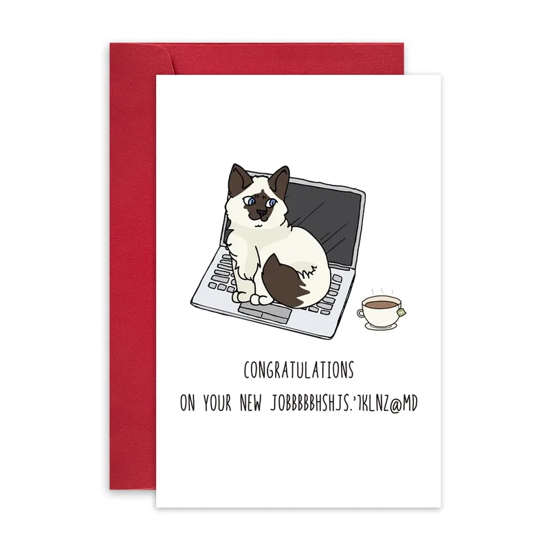 New Job Cat Card: A Siamese on a Laptop for Your Big Day
