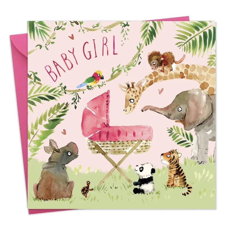 Pink Watercolor Jungle Animals Card for a New Baby Girl