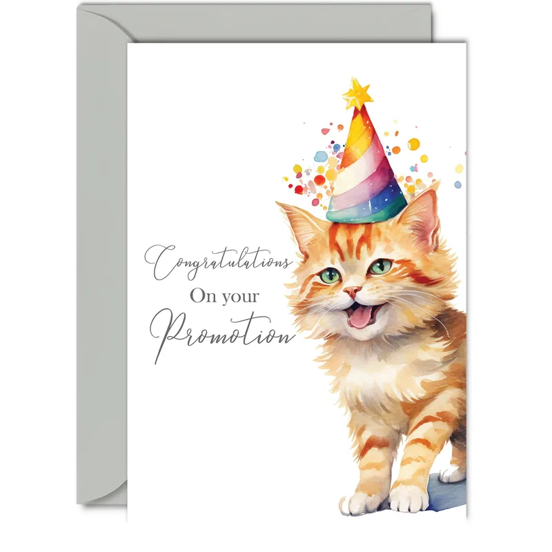 Promotion Congratulations Card with a Party Kitten