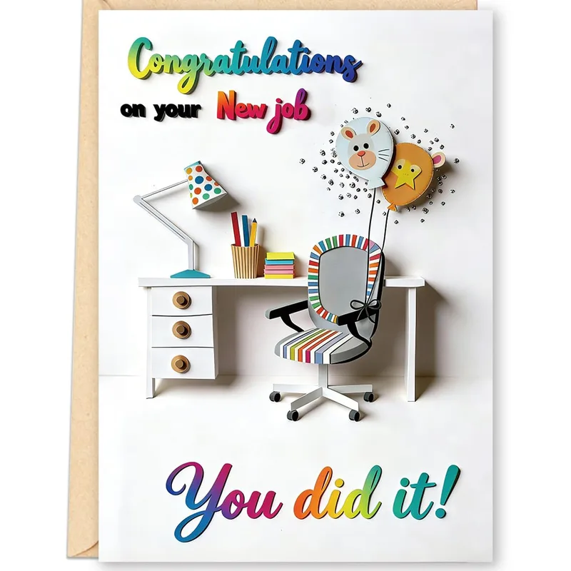 You Did It New Job Card: A Desk Scene for a Fresh Start