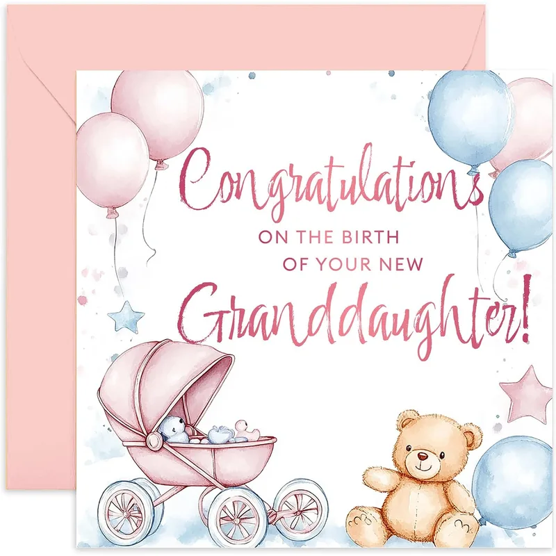 Pink Watercolor Pram Card: Congratulations on Your New Granddaughter