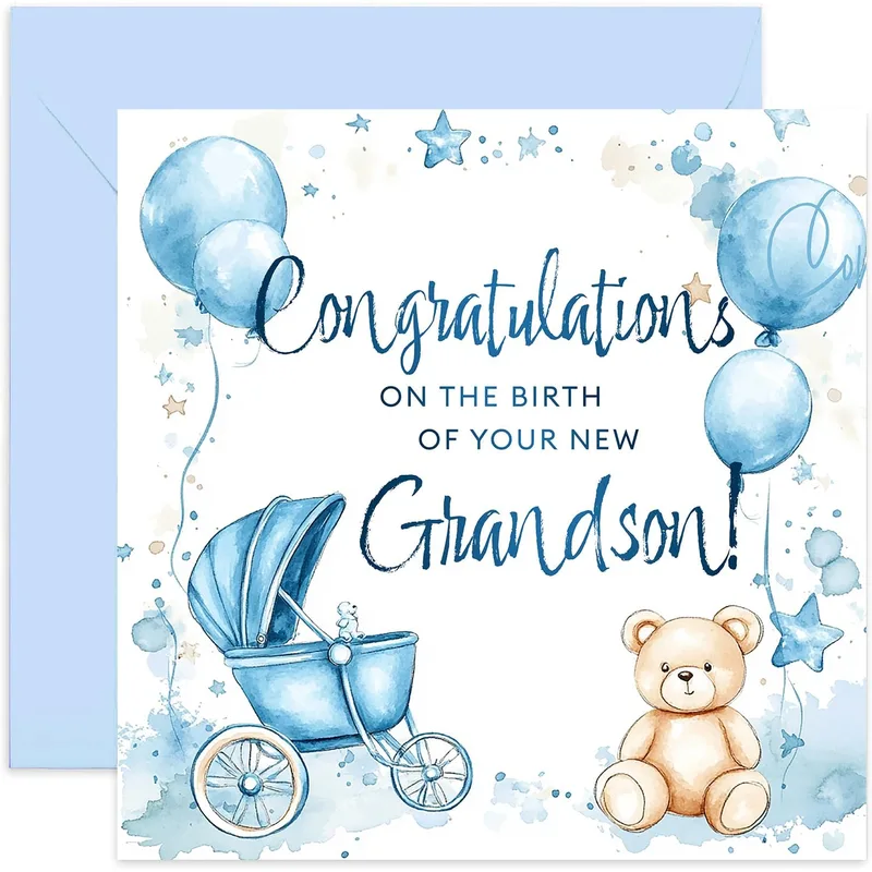 Grandson Birth Card: Blue Pram and Teddy Bear Design