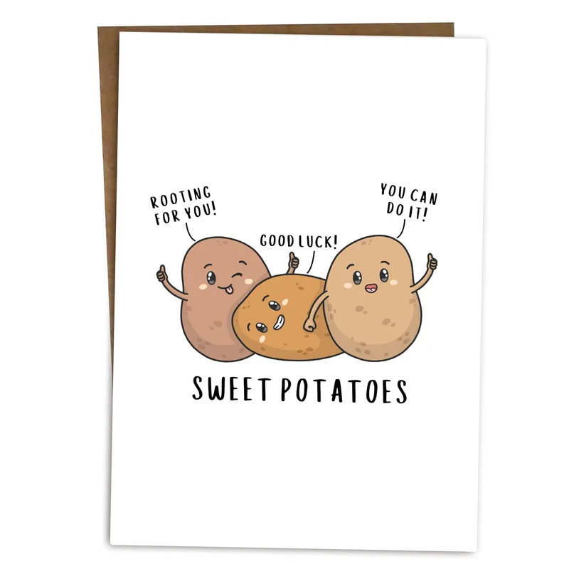 Sweet Potato Card: Three Cheerful Potatoes Cheering You On