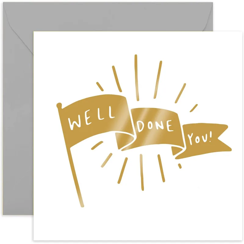 Well Done You Card with Gold Waving Flags Design