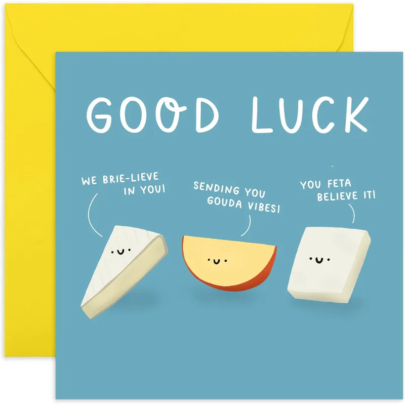Cheese Good Luck Card – Three smiling cheeses with GOOD LUCK and cheese puns – Greeting Card in black