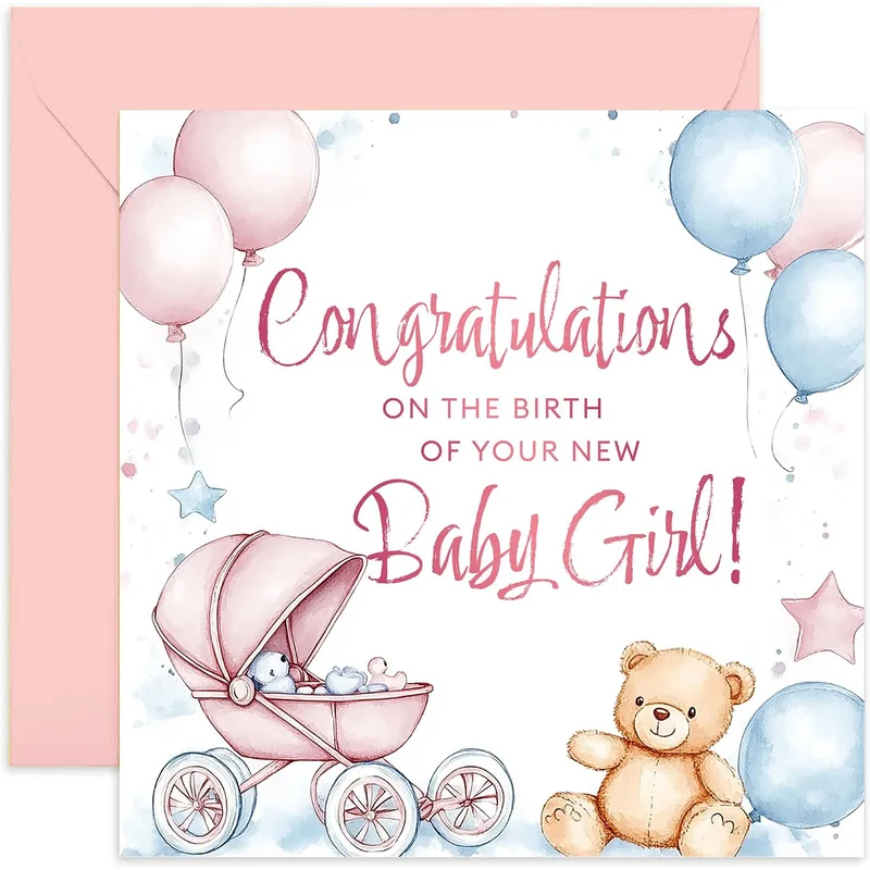 Pink Watercolor Pram Balloons Card for a New Baby Girl