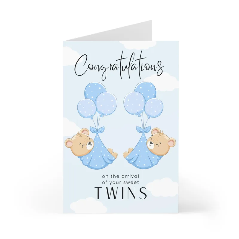 Congratulations Twins Card: Blue Teddy Bear Balloons for New Parents
