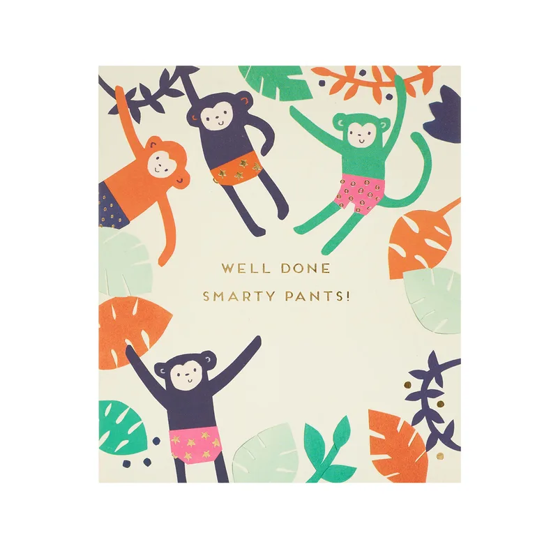 Well Done Smarty Pants Card – Cartoon monkeys and jungle leaves with WELL DONE SMARTY PANTS! in gold – Greeting Card in black