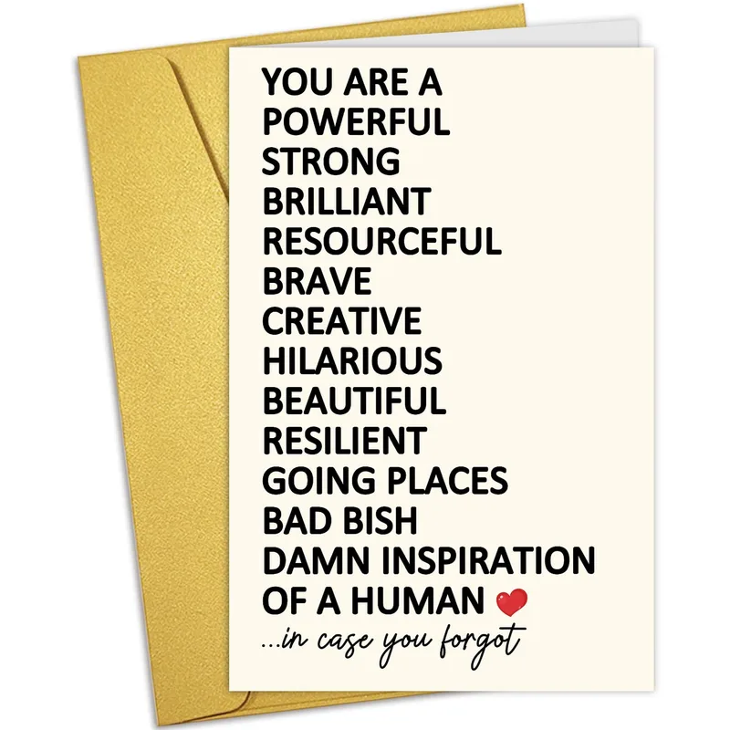 Inspirational Human Card – Black capital list of compliments with handwritten “in case you forgot” – Greeting Card in black