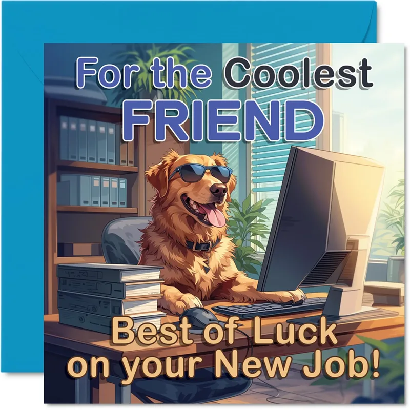 New Job Friend Card: Cool Dog at the Desk, Best of Luck