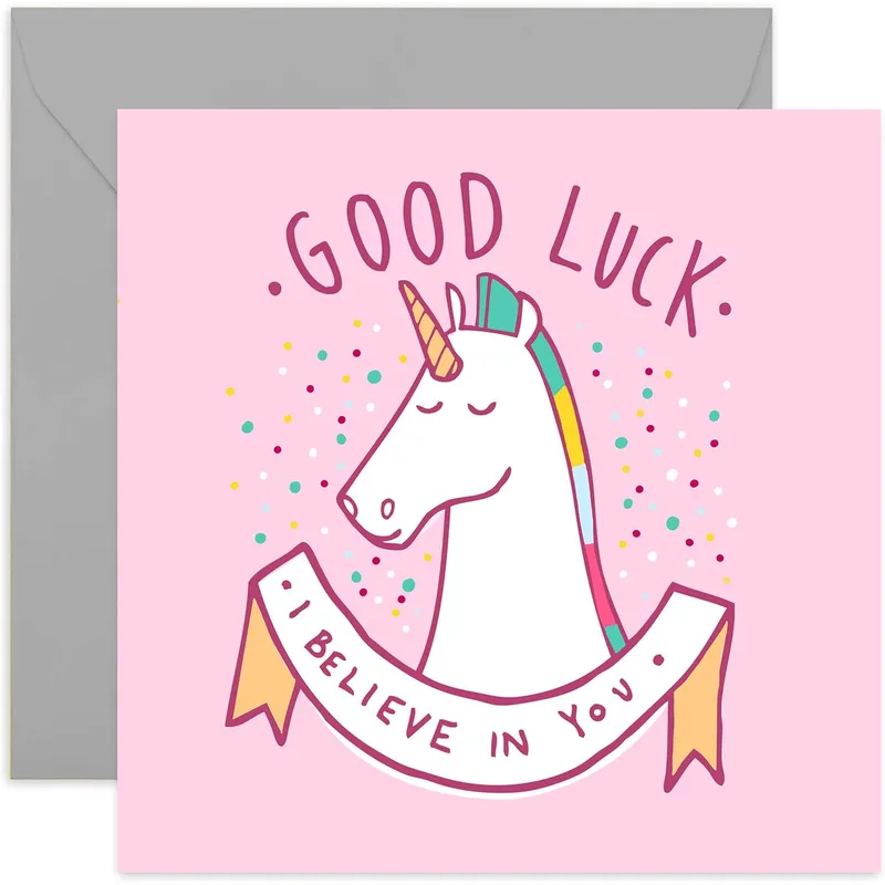 Good Luck Unicorn Card: a pink note of belief