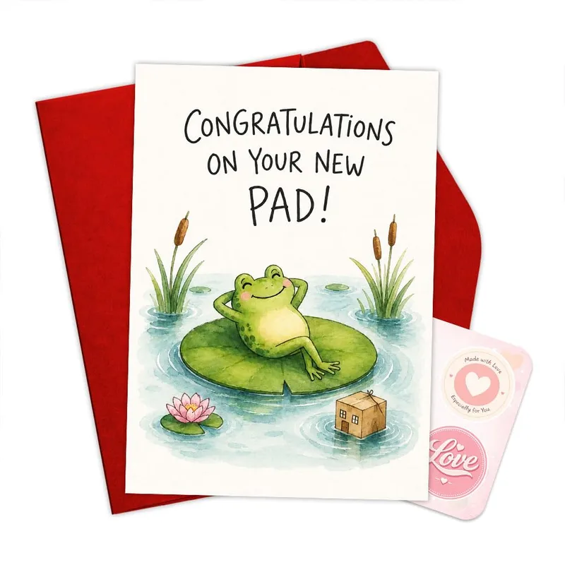 Housewarming Frog Card – Frog on lily pad with the printed words Congratulations on your new pad – Greeting Card in black