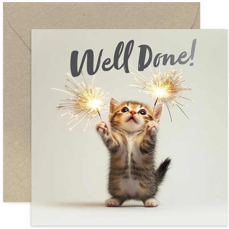 Kitten Congratulations Card – Tabby kitten holding two sparklers, Well Done! printed above – Greeting Card in black