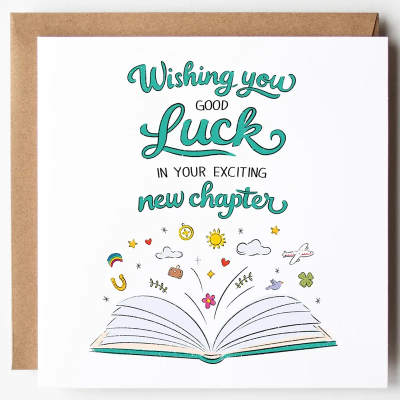 New Chapter Good Luck Card: Teal Open Book Design