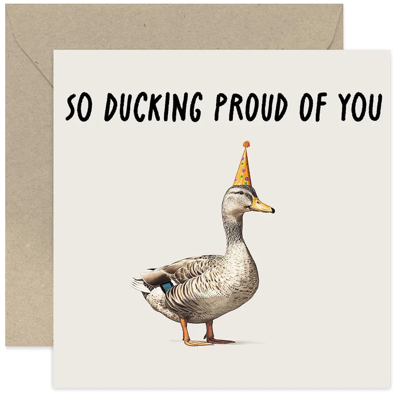 Duck Pun Congrats Card: A Proud Duck in a Party Hat