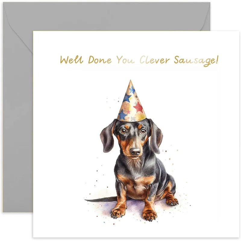 Dachshund Lover Card – Watercolor dachshund in star party hat, Well Done You Clever Sausage – Greeting Card in black
