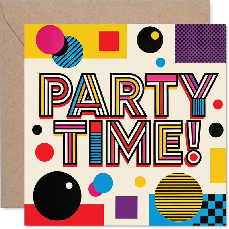 Party Time Card: Bold Retro Stripes and Shapes