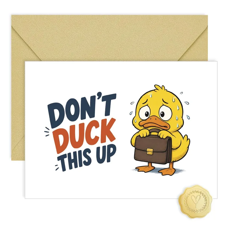 Good Luck Pun Card with a Nervous Duck and Briefcase