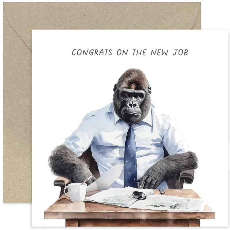 New Job Gorilla Card: A Suited-Up Congrats for Someone Starting Fresh