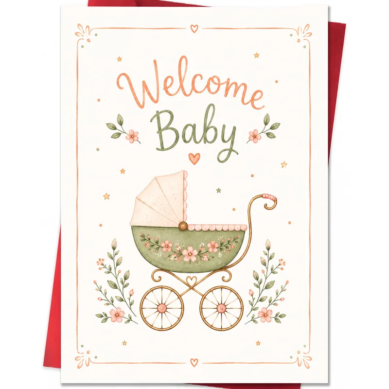 Vintage Green Baby Carriage Card – Welcome Baby card with a vintage green pram and pink flowers – Greeting Card in black