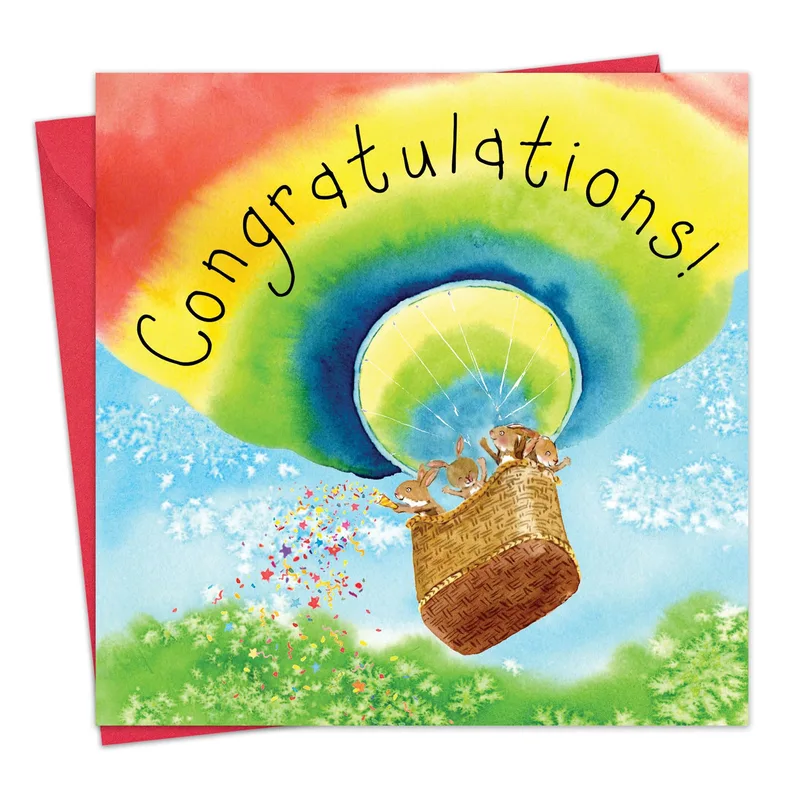 Congratulations Balloon Card with Rabbits in a Hot Air Balloon