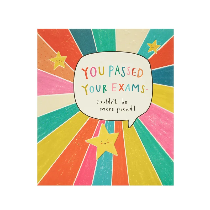 Congrats on Passing Exams Card: Rainbow Sunburst Stars
