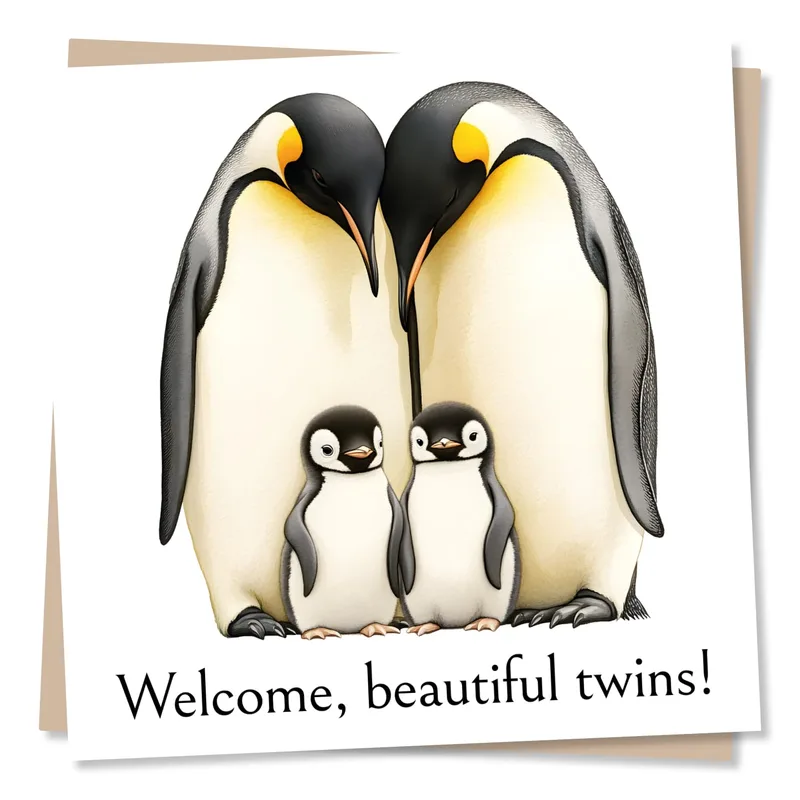Penguin Family Card: Welcome, Beautiful Twins
